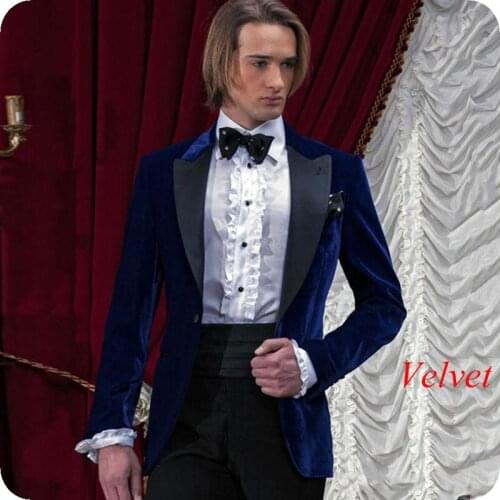 Royal Blue Velvet Men Suits for Wedding Italian Smoking Jacket Black Peaked Lapel Retro Man Blazers 2Piece Groom Tuxedo Costume