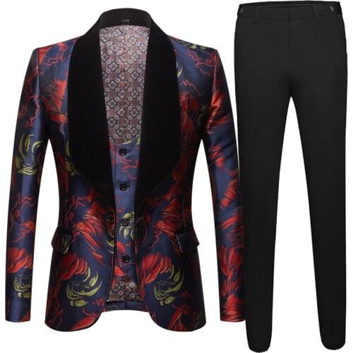 Mens jacquard Black-collar Suit Men Slim Fit Single Button 3 Piece SuitMen Wedding Groom Tuxedo Suits Costumes