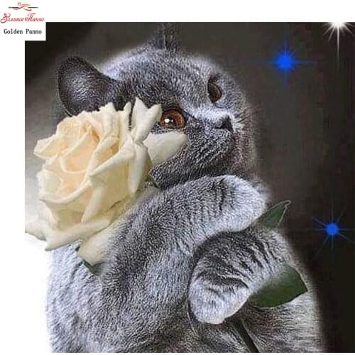 DIY Animal Diamond Painting Cross Stitch Full Square Diamond Embroidery Cat and Flower Mosaic Pictures of Rhinestone