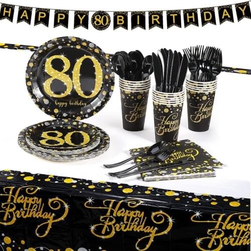 80th Birthday Party Supplies Set Black Gold Disposable Tableware Kit Decorations Plates Cups Napkins Banners Dinnerware Cutlery
