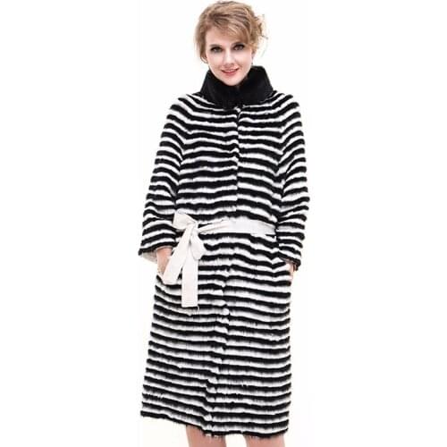 Luxury Autumn Winter Womens Real Mink Fur Coat Lady Warm Jacket X-Long Trench Outerwear VF7059