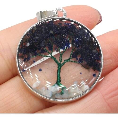 Natural Stone Pendants Reiki Heal Tree of Life Blue Sand Crystal for Trendy Jewelry Making DIY Women Necklace Earrings Gifts