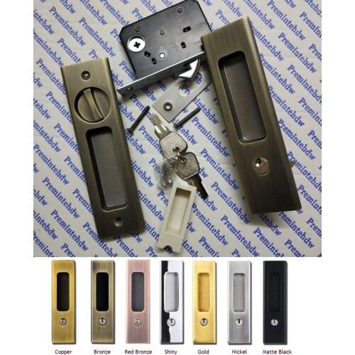 Rectangle Mortise Sliding Wooden Pocket Door Lock Hook Latch Flush Mounting Finger Pull With Key Thumbturn Back-To-Back