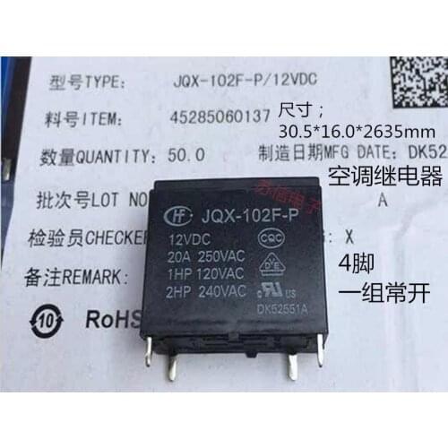 Air Conditioning Relays JQX-102F-P-12VDC JQX-102F-P JQX-102F 12V HF102F-P-12VDC 20A 250VAC 1HP 120VAC 2HP 240VAC