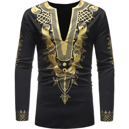 African Dashiki Luxury Metallic Floral T Shirt Men Hipster Slim Fit Long Sleeve African Clothes Men Streetwear Tee Shirt Homme