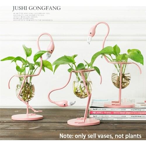 Pink Flamingo Shape Glass Tabletop Hydroponics Plant Bonsai Flower Wedding Christmas Decorative Metal Vase Home Decorations