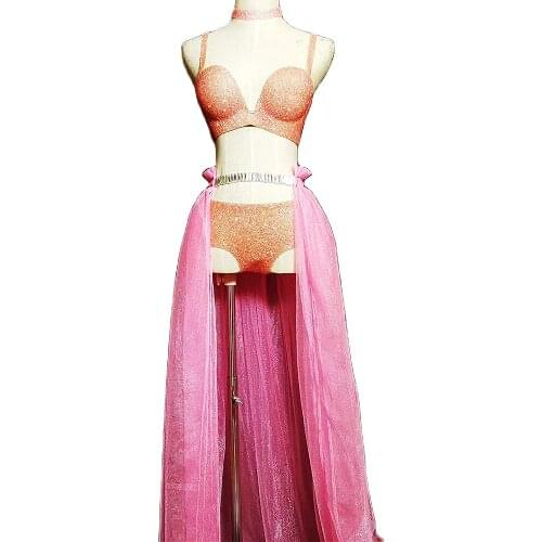 Pink Rhinestones Bikini Sets Mesh Gauze Long Trailing Decoration Shiny Costume For Women Personality Performance Costume Ladies