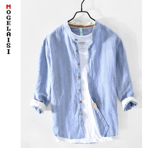 Casual linen shirt men new summer three quarter Striped shirt flax tops for man clothing Camisa masculina Asian size TB804