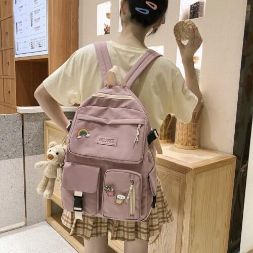 Multi-Pocket Women Backpack School Bag Solid Color Lovely Bear Pendant Preppy Style High School Student Backpack for Teenager