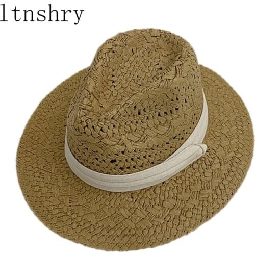 New Jazz hat Summer Top hat Women Wide Brim Seagrass Straw Hat with ribbon Fashion Lady Sun Hats Panama Beach Cap Solid color