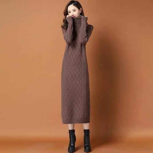 Lengthen Knit Dress Women Autumn Winter Turtleneck Sweater Bottoming Plus Size Thicken X-Long Long-Sleeve Sweater Dresses KW1041