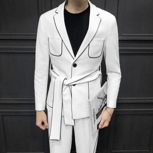 Spring Long Sleeve Belt Decoration Mans Suit Korean Self-cultivation Weave Bring Full Dress Suit Man Suit Ternos Masculino