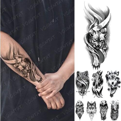 Waterproof Lasting Temporary Tattoo Sticker Wolf Tiger Compass Moon Bird Skull Body Art Female Arm Flash Fake Sleeve Tatoo Male