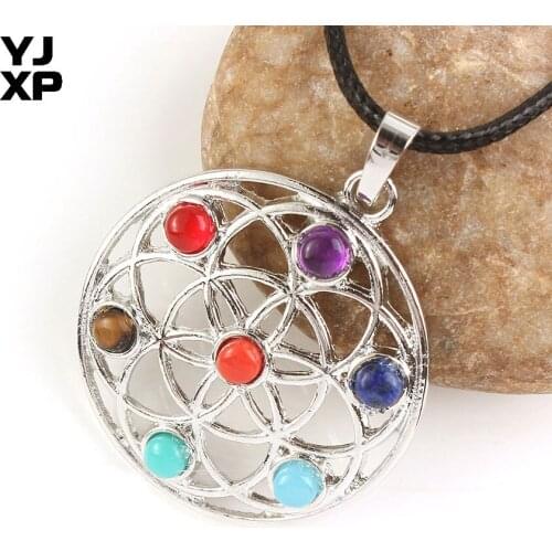 YJXP Classic Silver Plated Forever Flower of Life 7 Color Beads Stone Inlayed Reiki Healing Chakra Pendant Meditation Jewelry