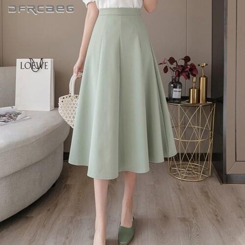 Bean Green Elegant Summer A-Line Pleated Skirts Woman 2021 Korean Style Casual Long Skirt Clothing High Waist Saias Longas
