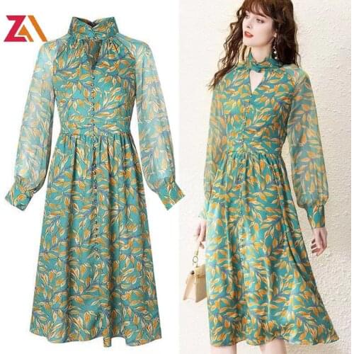 ZALady Designer Vintage Leaf Print Midi Dresses For Women Retro Elegant Long Sleeve Chiffon Plus Size 2XL Woman Dress vestidos