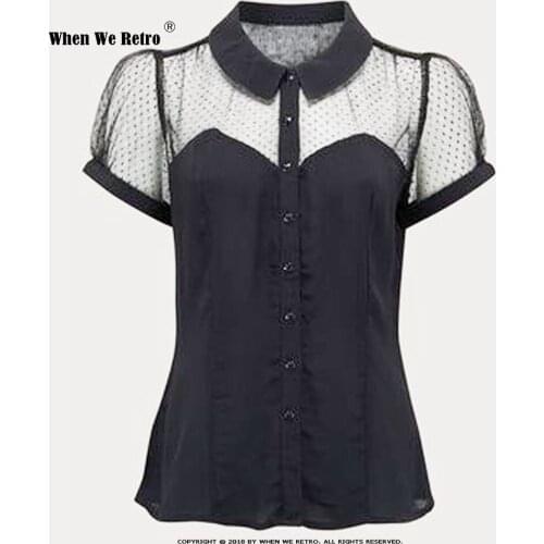 Women Vintage Tops VD1792 Short Sleeve Tulle Patchwork Black Blouses Femme Shirts Women