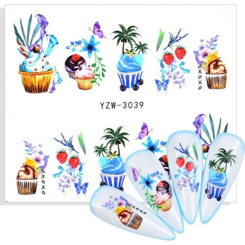 1 Sheet Blue Flower Leaf Fruit Cake Cup Design Nail Decals for Watermark Manicure Polish Nail Sticker 19 Styles for Choose