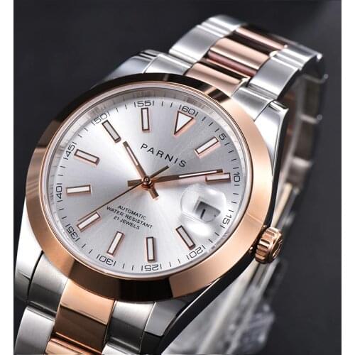 39mm parnis silver dial sapphire glass date display Miyota8215 automatic movement mens watch rose golden two tone bracelet