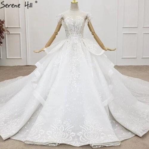 White O-Neck Luxury Sexy Dubai Wedding Dresses 2020 Short Sleeve Flowers Sequins Bridal Gowns HX0159 Custom Made