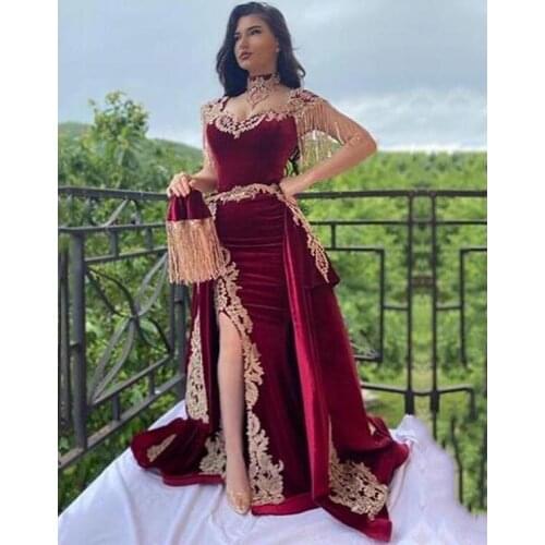 Burgundy Evening Dress with Detachable Train вечерние платья Morocco Kaftan Velvet Mermaid Arabic Muslim Evening Party Dresses