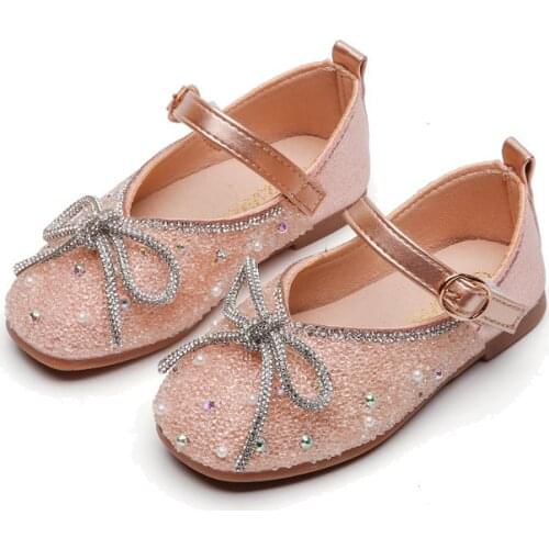 Childrens Rhinestone Leather Shoes Autumn 2021 New Girls Bow Princess Shoes Girls Casual Shoes Sequined Sweet Bow-knot Hot Cute
