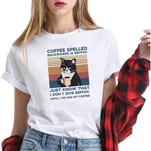 Coffee Spelled Backwards Is Eeffoc Cat Printed T-shirts Women 2020 Graphic Tee Funny Woman Tshirts Casual Short Sleeve Clothing