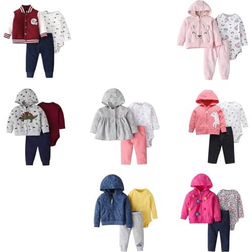 Summer Baby Girl Clothes Newborn 3-Piece Clothing Hooded Sweatshirt Long Pants Cartoon Print Baby Romper Set Cotton Cute 6M-24M