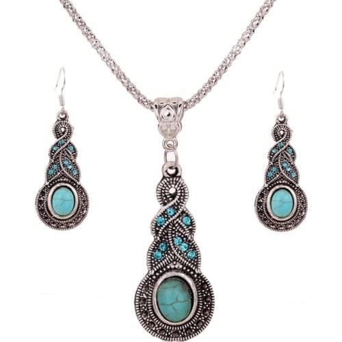 Sainio Retro Boho Jewelry Set Vintage Ethnic Blue Stone Necklace Earrings Sets antique Tibetan Jewelry Sets For Women