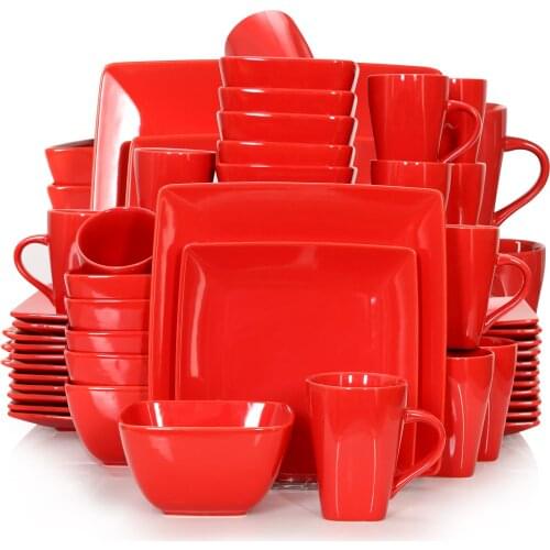 16/32/48-Piece Red Ceramic Porcelain Square Dinnerware Set with Dinner Plate,Dessert Plate,Bowl,240ml Mug Set