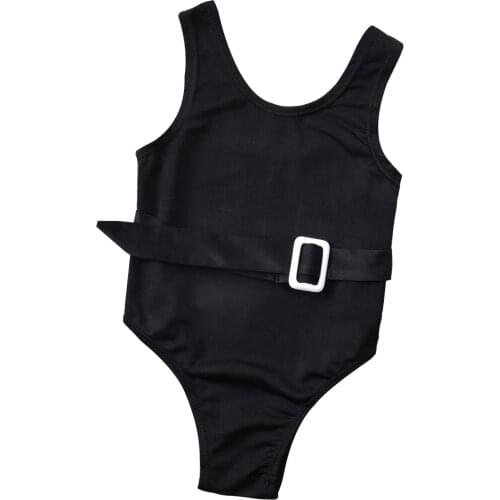 Summer Kids Girl Swimsuits Solid Color U-Neck Sleeveless Bodysuits Swimwear with Waist Belt