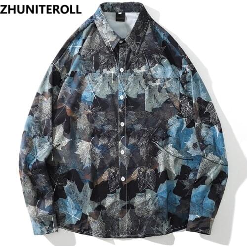 2021 Leaf Print Harajuku Men Hawaiian Shirt Hip Hop Beach Shirt Summer Long Sleeve Black Aloha Shirt Fashion Streetwear Clothing