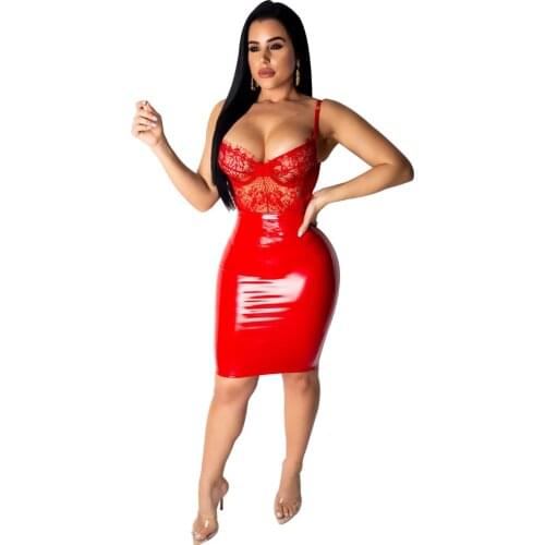 PU Leather Bodycon Dress Sexy Women Lace Floral Patchwork Knee-Length Dresses Elastic Slim Backless Party Club Wear Short