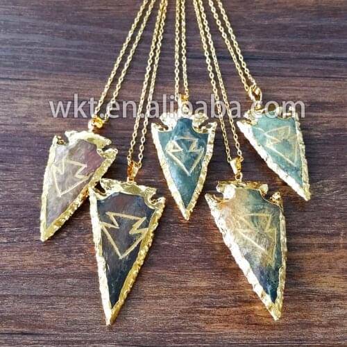 Wholesale Natural Carved stone arrowhead necklace, Fashion indian stone necklace with 18" long chain