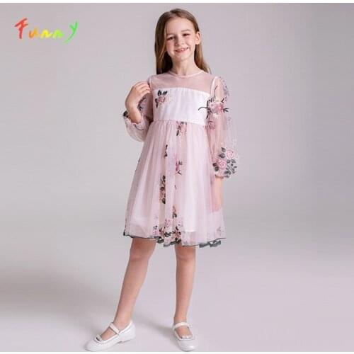 Pink Mesh Lantern Girls Dress Long Sleeve Floral Embroidery Princess Dress A Line Knee Length Kids Party Dresses Robe Fille