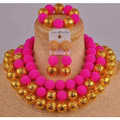 Latest African Beads Jewelry Set Fuchsia Pink Simulated Pearl Nigerian Wedding Necklace FZZ46