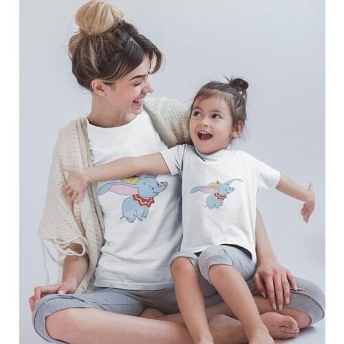 Father and Son Shirt Dumbo Cartoon Print Top Mommy and Baby Dress Kawaii Girl Boy T shirt Short Sleeve Family Matching Clothes