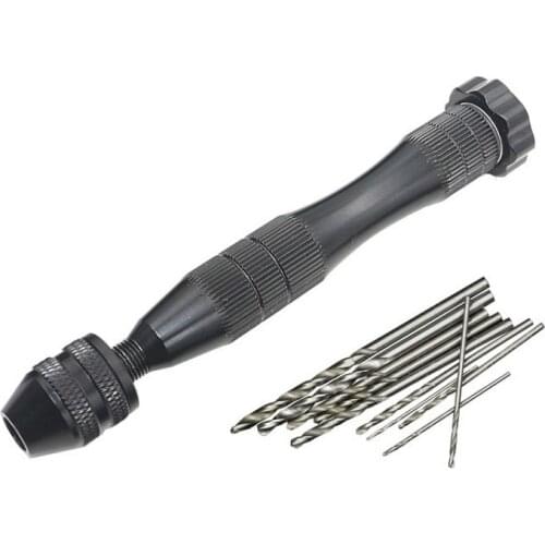 Hand Drill Mini Manual Aluminum Keyless Chuck with 10pcs Twist Micro Drill Woodworking