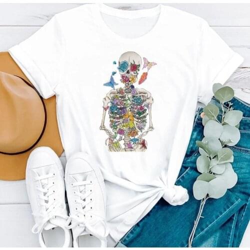 2021 90s Floral Skull Funny Watercolor Summer Short Sleeve Women Fashion Clothes Print Tshirt Female Tee Top Graphic T-shirt