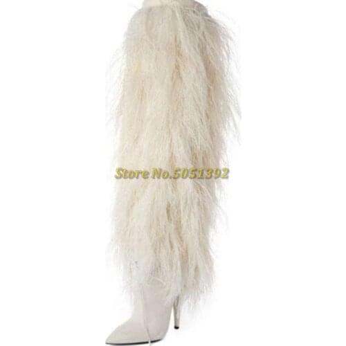 Feather White Winter Boots Sexy Pointed Toe Thin High Heel Over The Knee White Leather Hairy Runway Dress Long Boots Custom Made