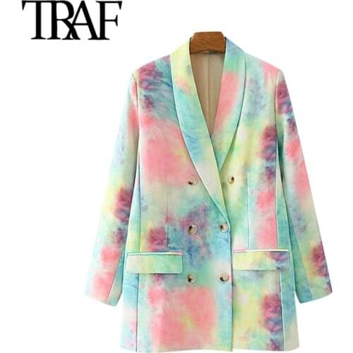 TRAF Women Fashion Double Breasted Tie-dye Print Blazer Coat Vintage Long Sleeve Pockets Female Outerwear Chic Tops