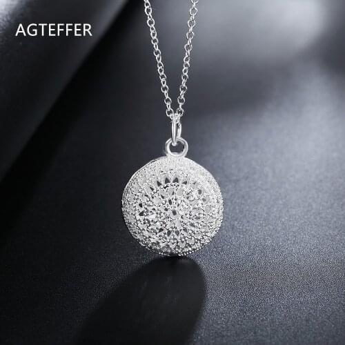 AGTEFFER 925 Sterling Silver 18 Inch Hollow Round AAA Zircon Pendant Necklace For Women Fashion Wedding Party Charm Jewelry
