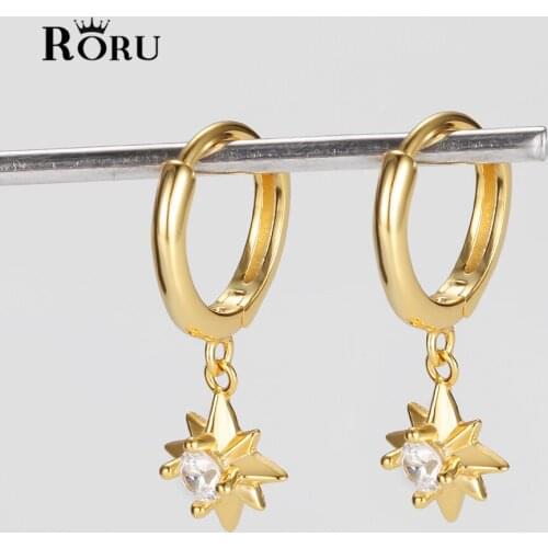 Star Hoop Earrings Real Solid Sterling Silver 925 Gold for Women Luxury Zircon Circle Round Earring Fashion Ear Rings Jewelry