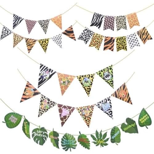 1Set Jungle Birthday Banners Animal Garland Birthday Paper Pennant Palm Leaf Flags Bunting Baby Shower Safari Animals Decoration