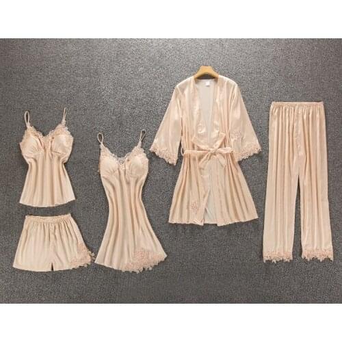 New Lady 5PC Strap Top Pants Suit Woman Pajamas Sleepwear Sets Spring Home Wear Nightwear Sexy Kimono Robe Bath Gown Bathrobe