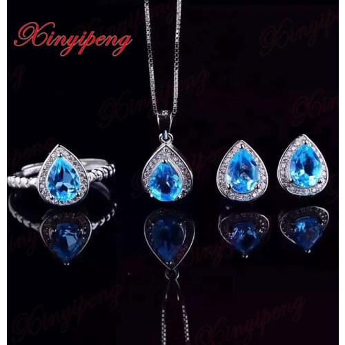 925 silver natural topaz stone jewelry suit Ms. Water ring necklace pendant earrings fine jewelry