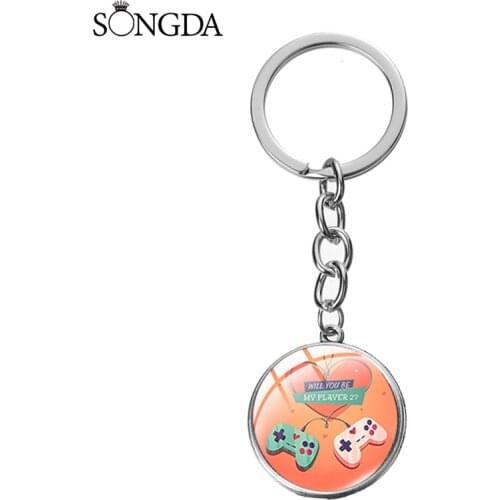 Video Game Handle Keychain Art Photo Glass Dome Couple Key Chain Creative Keyring for Boyfriend Metal Holder Trinket Men Gift