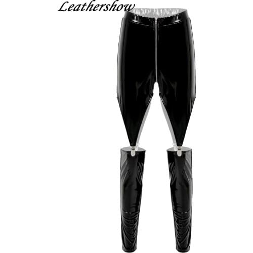 New Fashion Patent Leather Women Streetwear Sport Slim Hollow Out Skinny Zipper Crotch Cutout Elastic Waistband Long Trousers