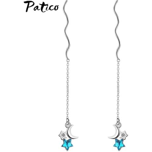 925 Sterling Silver Elegant Moon Star Rhinestone Long Chain Drop Earrings Women Girl Fashion Jewelry Party Gifts Accessories