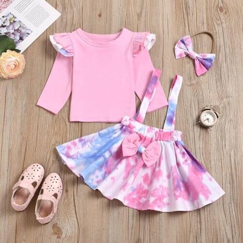 Baby girl clothes spring and autumn cotton suit girl tie-dye printing suspender skirt + cotton T-shirt headband girl 3-piece set